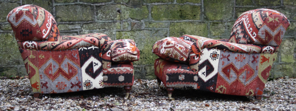 Pair of Lansdown Chairs upholstered in Turkish Kilim